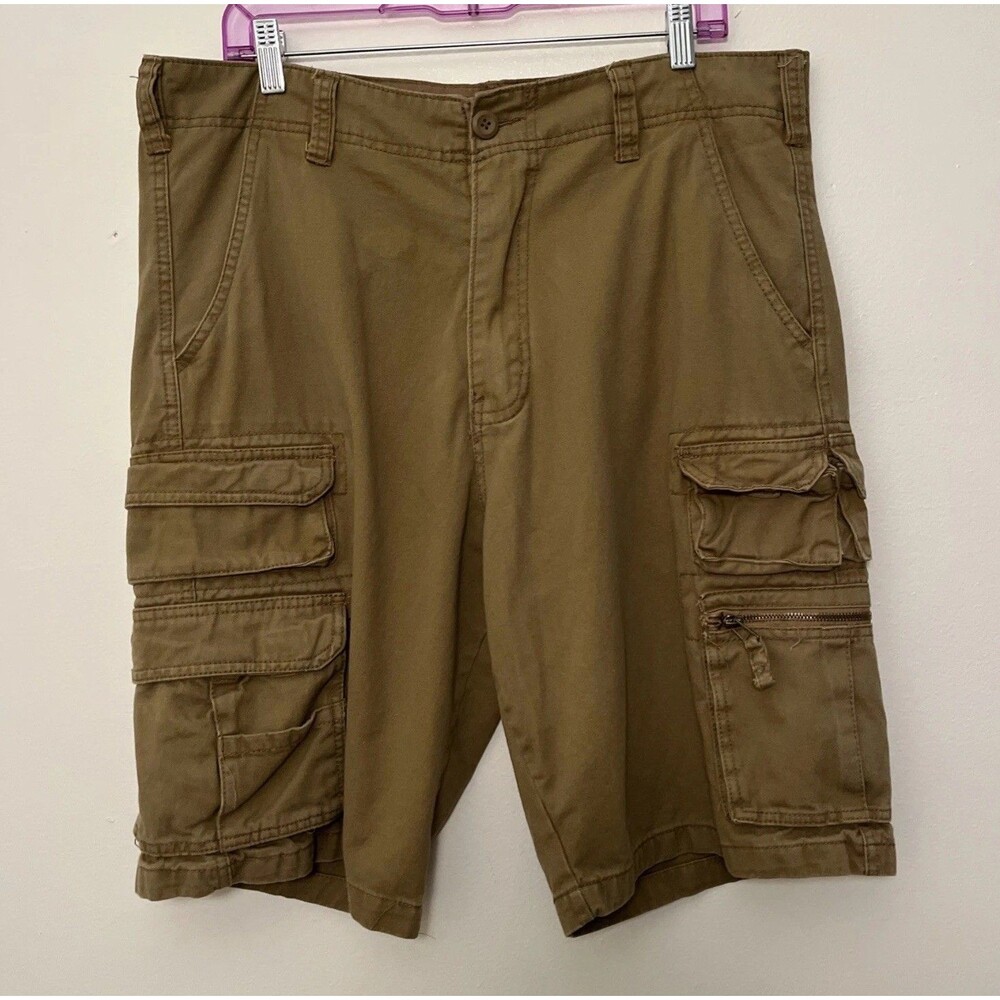 OP Men's Y2K Long Cargo Shorts, Khaki, Gorpcore Utility Tactical- Size 36